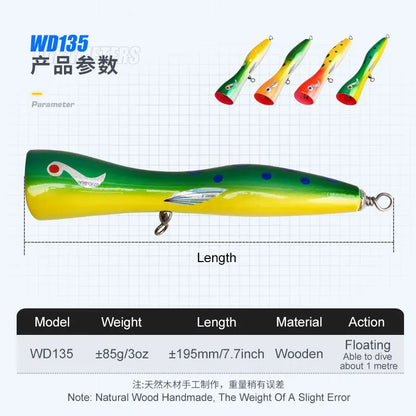 TEASER WD135 Tolure 85g/19.5cm Wooden Popper Fishing Lure Topwater Big Game Saltwater Popper Lure Tuna Wooden Stick Bait Lure