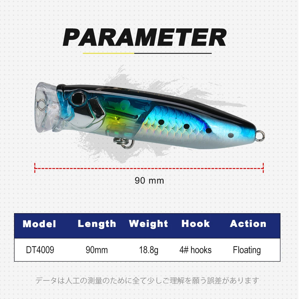 Wholesale Hard Baits Floating Popper 90mm/18.8g Artificial Plastic Bait Fishing Lure with Hooks for Fishing