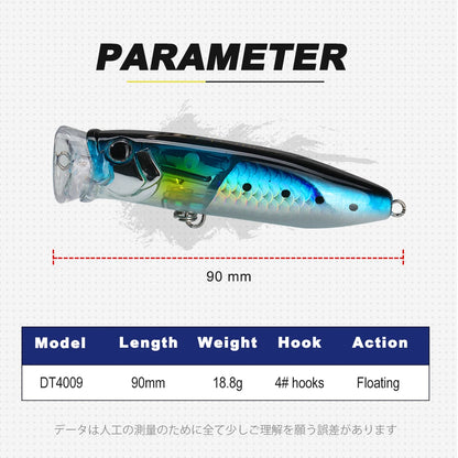 Wholesale Hard Baits Floating Popper 90mm/18.8g Artificial Plastic Bait Fishing Lure with Hooks for Fishing