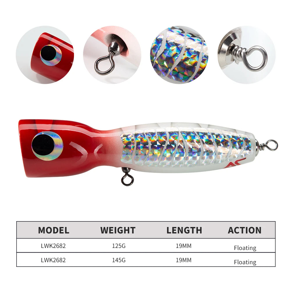 Hot Selling Big Game Luminous Wooden Popper Lure 125g/145g Boat Fishing Bait Tuna Mackerel Wood Popper Lure