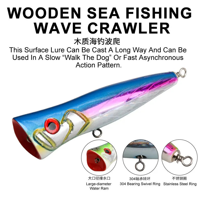 TEASER WD136 100g Wood Topwater Popper Lure UV Luminous Big Mouth Splashing Saltwater Floating Popper Lure TopWater Fishing Lure