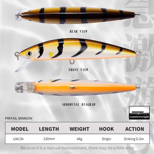 120mm 44g Heavy Sinking Minnow Fishing Lure Long Casting Trolling Hard Bait LW134 for Saltwater Tuna Sea Bass Wholesale