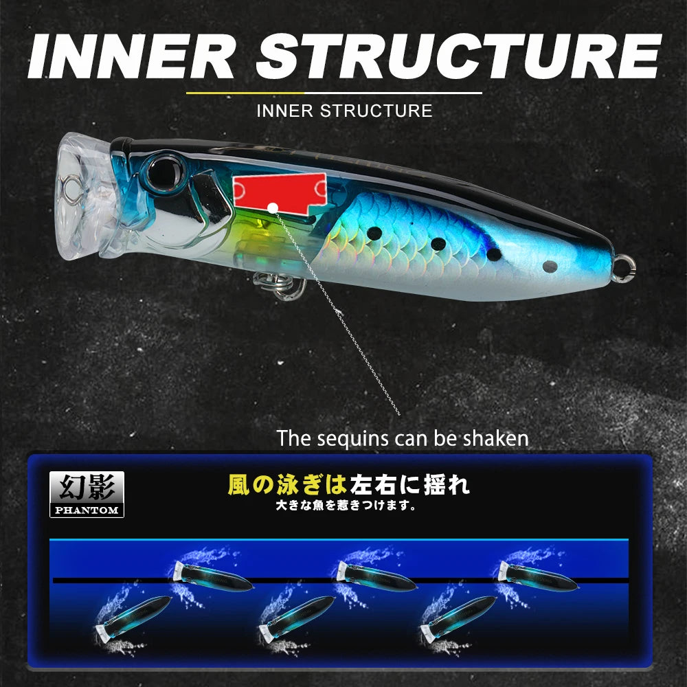 Wholesale Hard Baits Floating Popper 90mm/18.8g Artificial Plastic Bait Fishing Lure with Hooks for Fishing