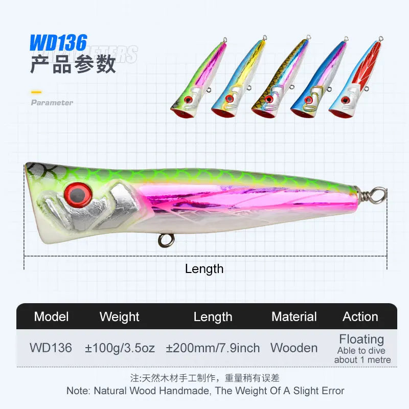 TEASER WD136 100g Wood Topwater Popper Lure UV Luminous Topwater Bait Popper Fishing Lure TopWater Fishing Lure