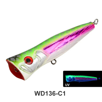TEASER WD136 100g Wood Topwater Popper Lure UV Luminous Big Mouth Splashing Saltwater Floating Popper Lure TopWater Fishing Lure