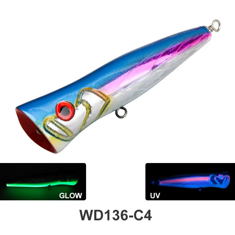 TEASER WD136 100g Wood Topwater Popper Lure UV Luminous Big Mouth Splashing Saltwater Floating Popper Lure TopWater Fishing Lure