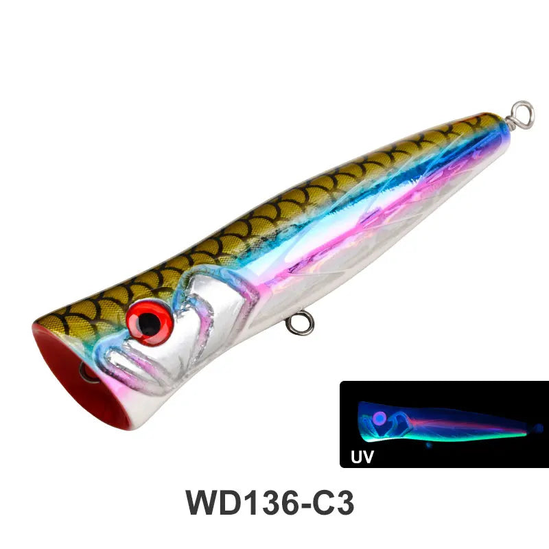 TEASER WD136 100g Wood Topwater Popper Lure UV Luminous Big Mouth Splashing Saltwater Floating Popper Lure TopWater Fishing Lure