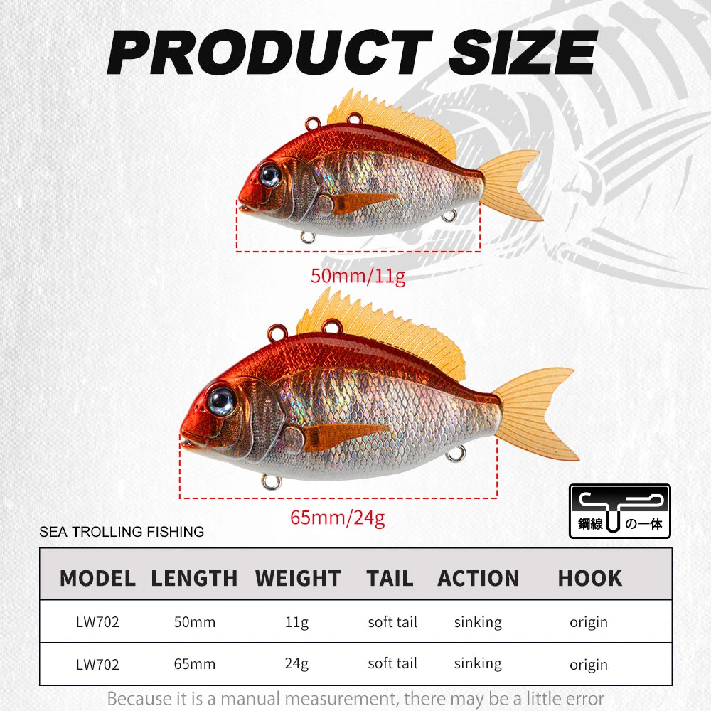 OEM Customized VIB Winter Bait 50mm/11g 65mm/24g Fishing Lures Wobbler Hooks for Pike Bass Sinking Trolling Lures