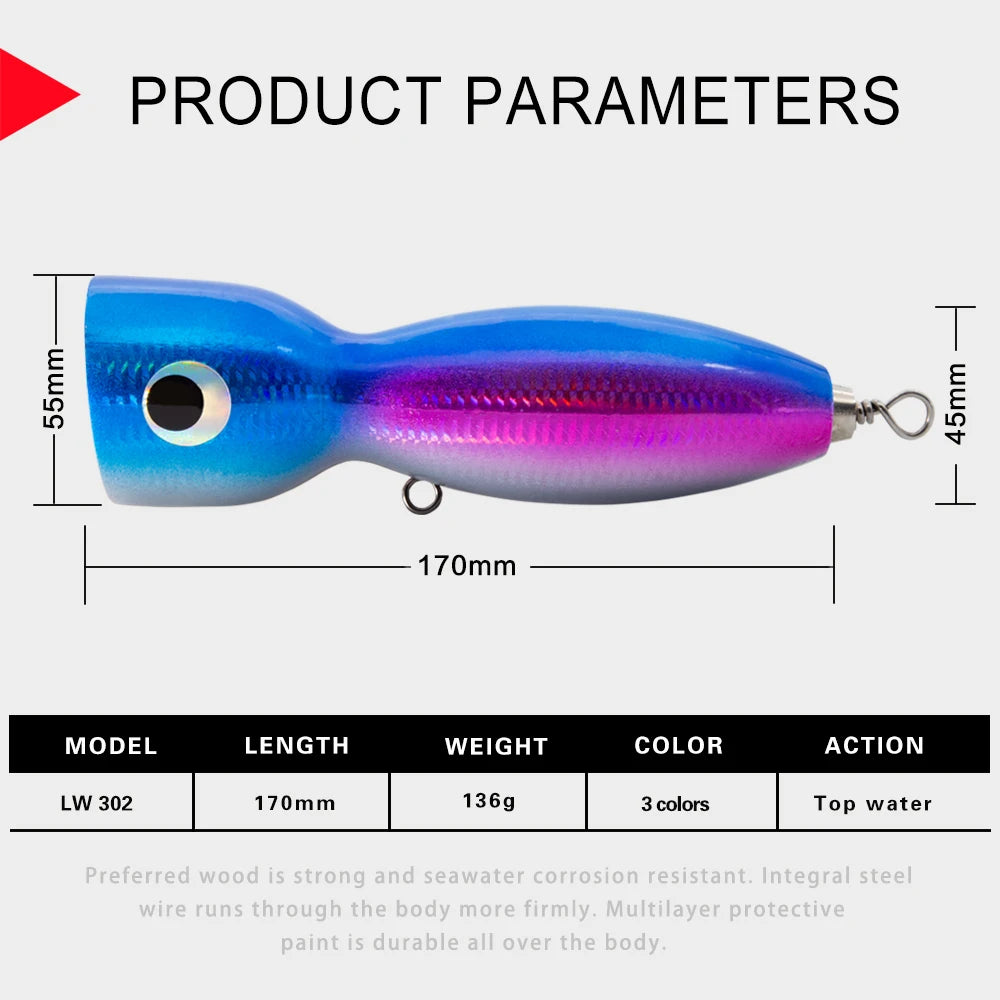 Hunthouse Floating Wood Fish Popper Lures 170mm  136g Trolling Tuna Wooden Sea Fishing Popper Lure Bait