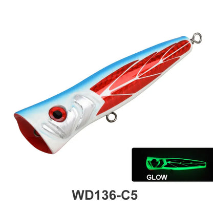 TEASER WD136 100g Wood Topwater Popper Lure UV Luminous Big Mouth Splashing Saltwater Floating Popper Lure TopWater Fishing Lure